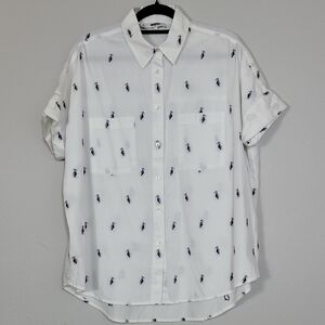 Madewell Penguin Button Up Shirt Size S Short Sleeve Embroidered Novelty Women